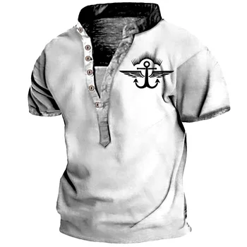 2023 Nyári férfi póló tengeri kis logó hat gomb Henry póló divat alkalmi, rövid ujjú póló