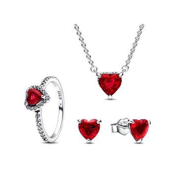 925 Sterling Ezüst Gyűrű Nyaklánc Fülbevaló Ruby Vörös Pezsgő Nyilatkozat Szív Ékszer Szett, A Nők Valentin Napi Ajándék