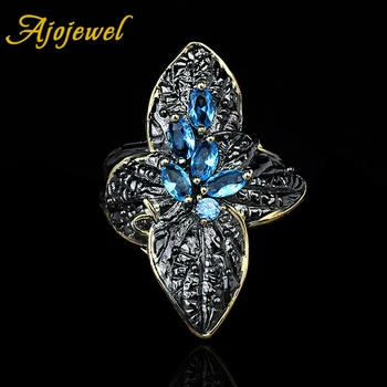 Ajojewel Méret 6-10 Egyedi Ékszerek Női Aranyozott Gyűrű Kék Kő Virág Fekete Levél Csörög A Buli