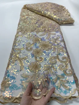 Luxus Arany Gyöngyös Flitteres Csipke Anyagból, Hímzett Afrikai francia Háló tüll Csipke Anyagból Nigériai Este fél Esküvői ruha