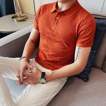 Magas osztály divat csíkos kötött rövid ujjú póló férfi 2023 nyári szabadidős koreai high-end puha, lélegző póló