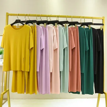 Nyári Modális 2db Pizsama szett Laza Split rövid ujjú Tshirt, Nadrág, kényelmes homewear ruha a Plus size hálóruházat