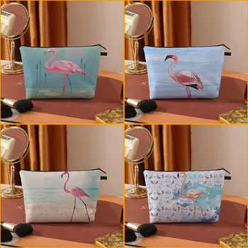 Poliészter Vízálló Női Kozmetikai Táska Alkalmi Utazási Smink Táskák Unisex tolltartó Cipzárral Aranyos Flamingo Nyomtatás Trousse