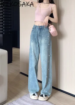 Retro Gyöngy Egyenesen Denim Jeans Női Ruha Nyári Összes mérkőzés Alkalmi Széles Láb Nadrág Harajuku Streetwear koreai Y2k Nadrág