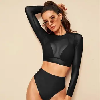 szexi úszás, Női fürdőruha trend 2023 fürdőruhás hölgy hosszú ujjú bikini szett kétrészes fürdőruha, magas derék strandcuccot