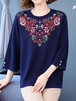 Virágos Hímzett Pulóver Nő Tavaszi Koreai Divat Pulóver Femme Knitwears Női Ruházat Fél Ujjú Felső, O Nyakú Pulóver
