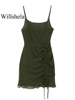 Willshela Női Divat Zöld Rakott Zárt Cipzár Mini Ruha Vintage Vékony Pántok Tér Galléros Női Elegáns Hölgy Ruhák