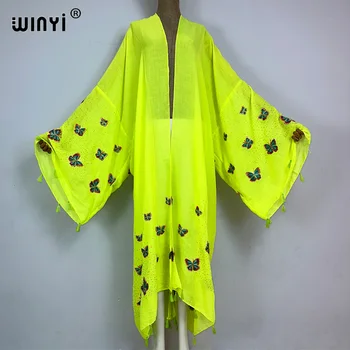 WINYI magas minőségű Pillangós hímzett rojtos ruha Bohém Maxi beach Holiday Beach leleplezések a Fürdőruha Női Kimonó Afrika